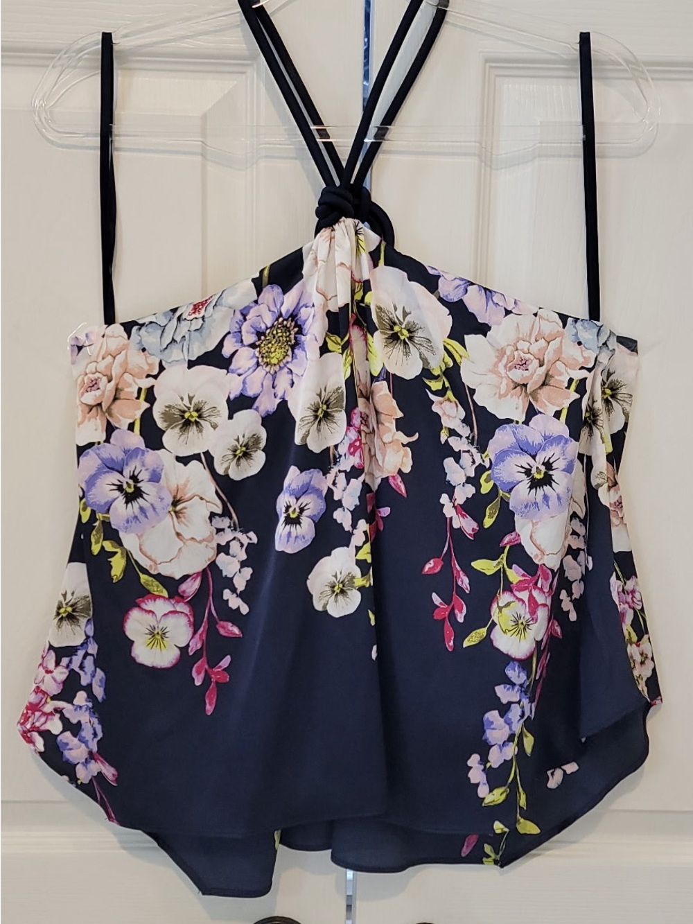 New - WHBM Navy Floral Halter Neck Women's Flowy Top. Size: Small